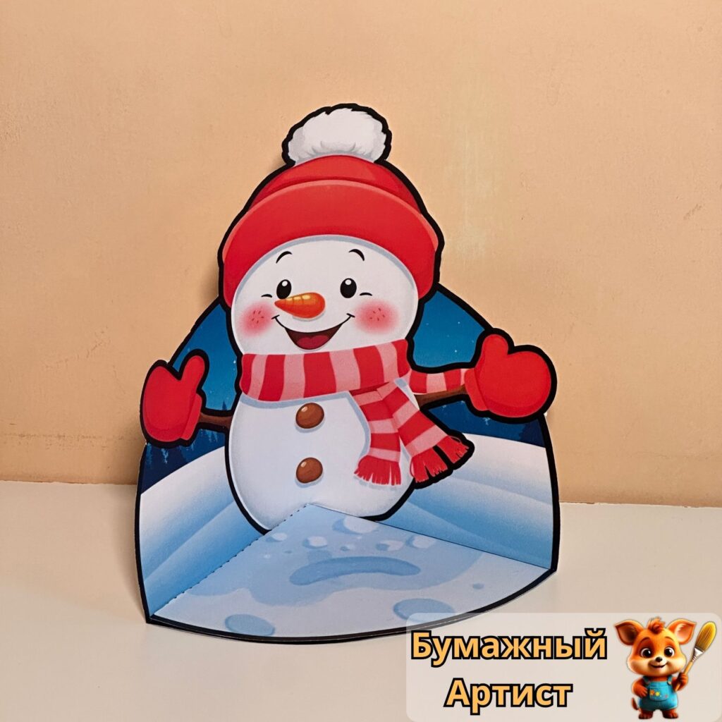 Снеговик из бумаги своими руками, крупный план на фоне зимнего декора