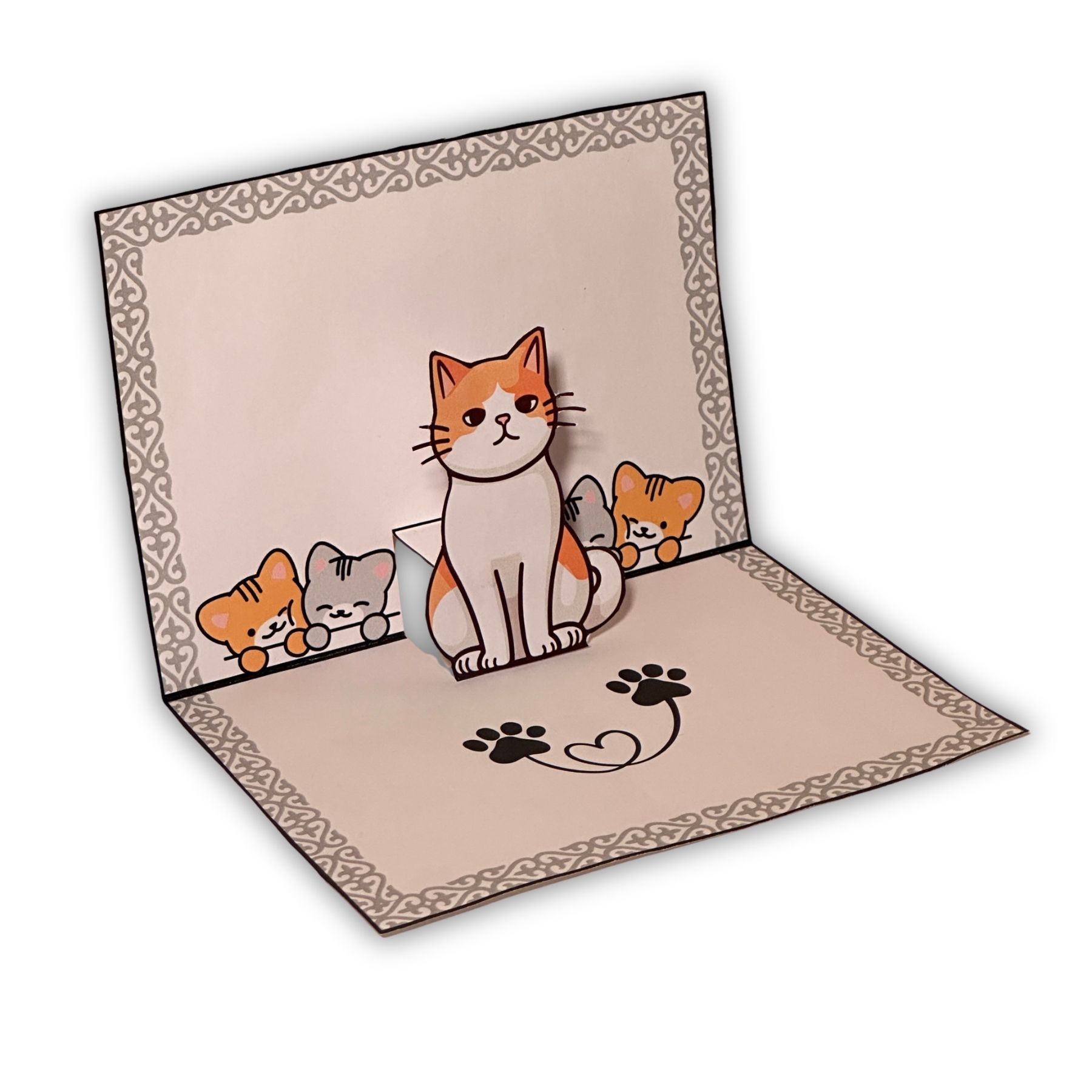 Открытка с 3D-эффектом при открытии: кошка и два котёнка поднимаются в вертикальное положение